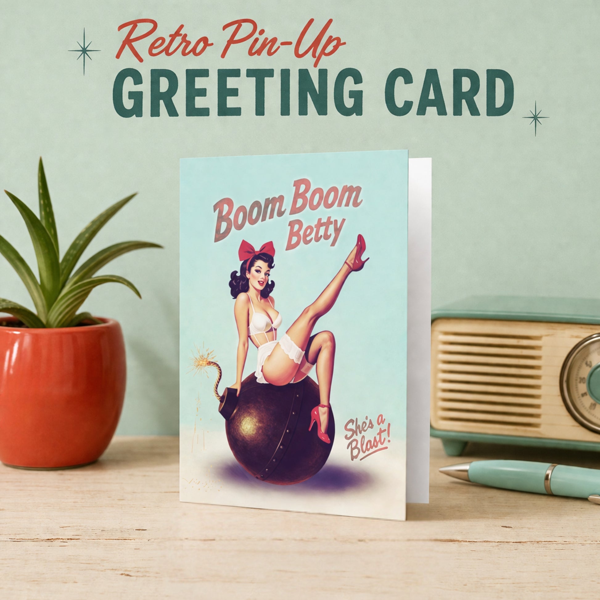 Retro pin-up greeting card with 'Boom Boom Betty' design on a table with a plant and vintage radio.