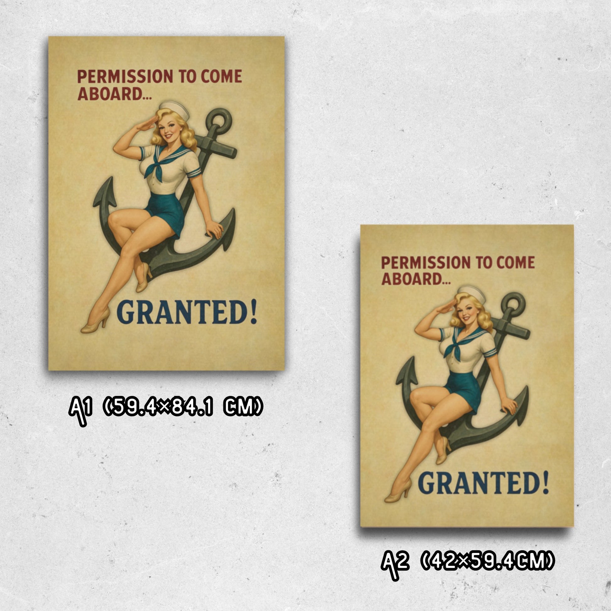 Two vintage-style posters with a woman and anchor design on a textured wall.