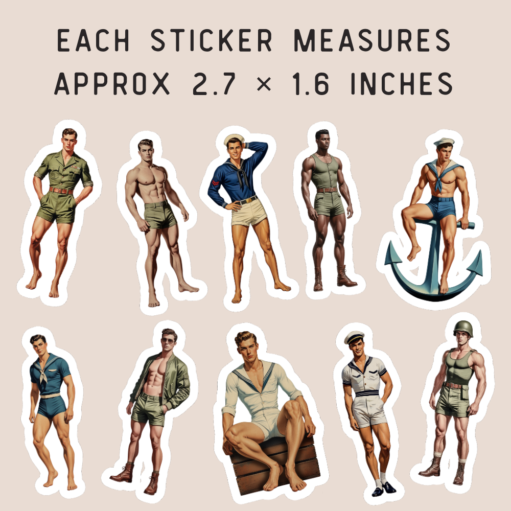 Set of vintage-style male character stickers on a beige background with text about sticker dimensions.