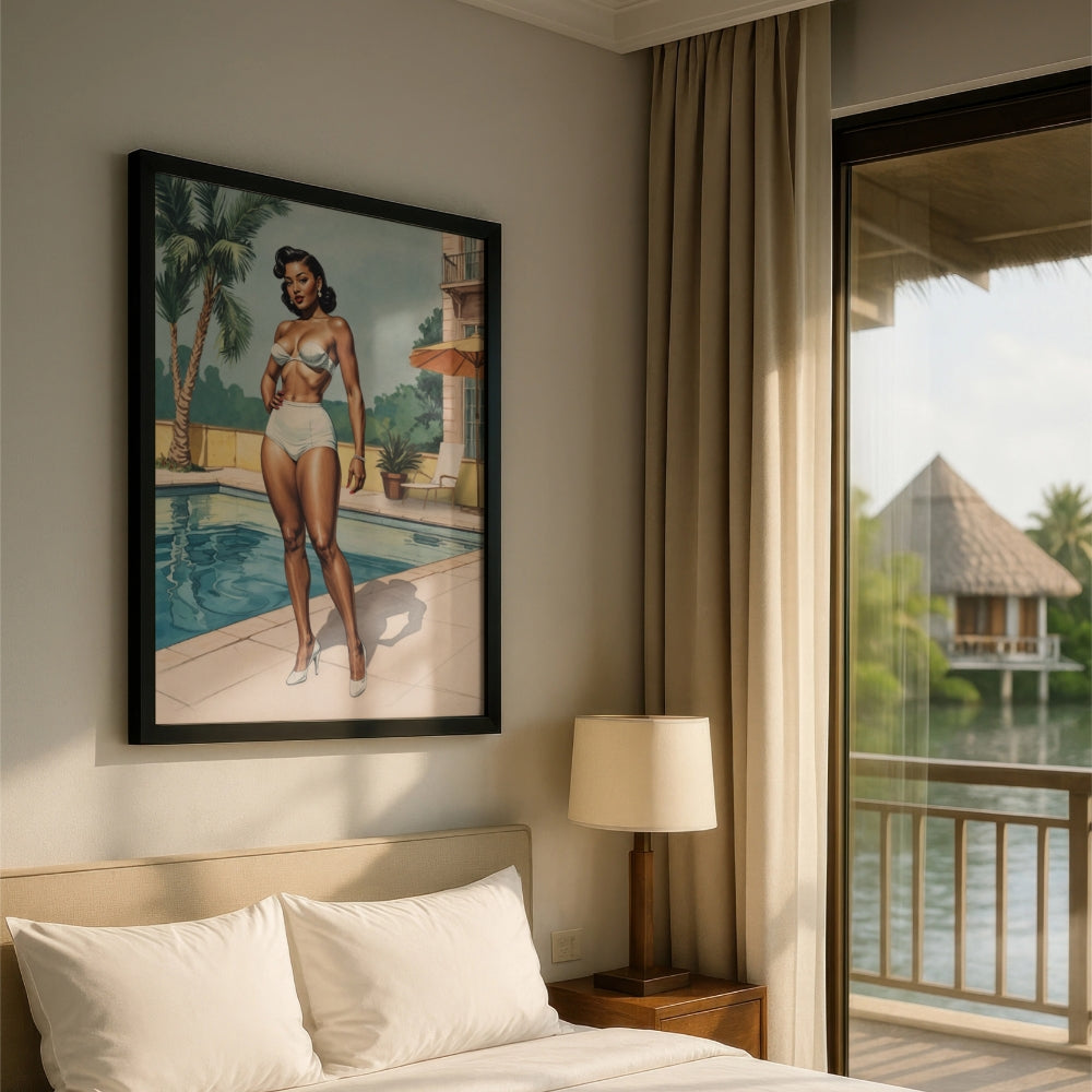Room interior with a bed, lamp, and painting of a 1950s black woman by a pool.