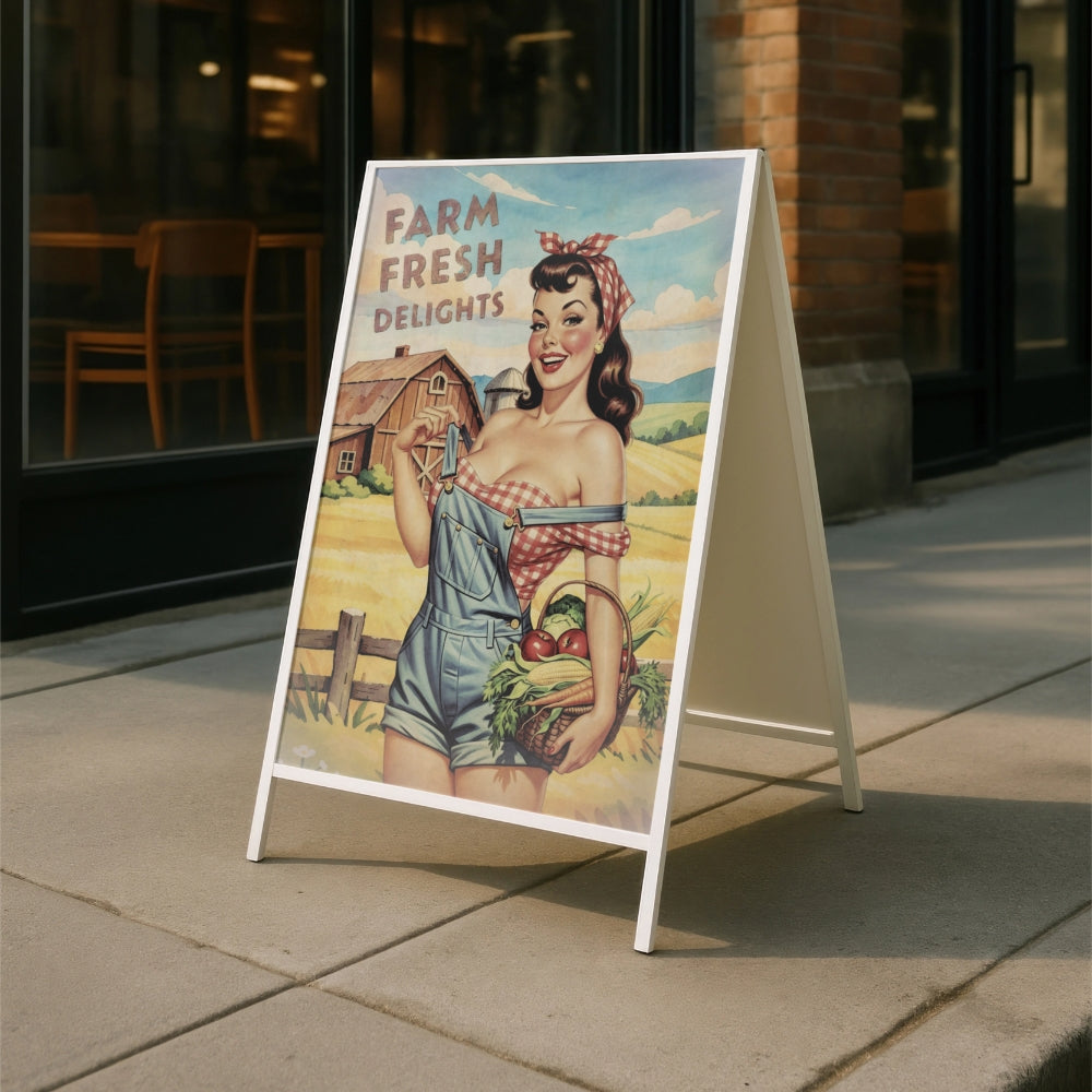 Vintage-style sign with a woman holding a basket of fruits and vegetables on a sidewalk.