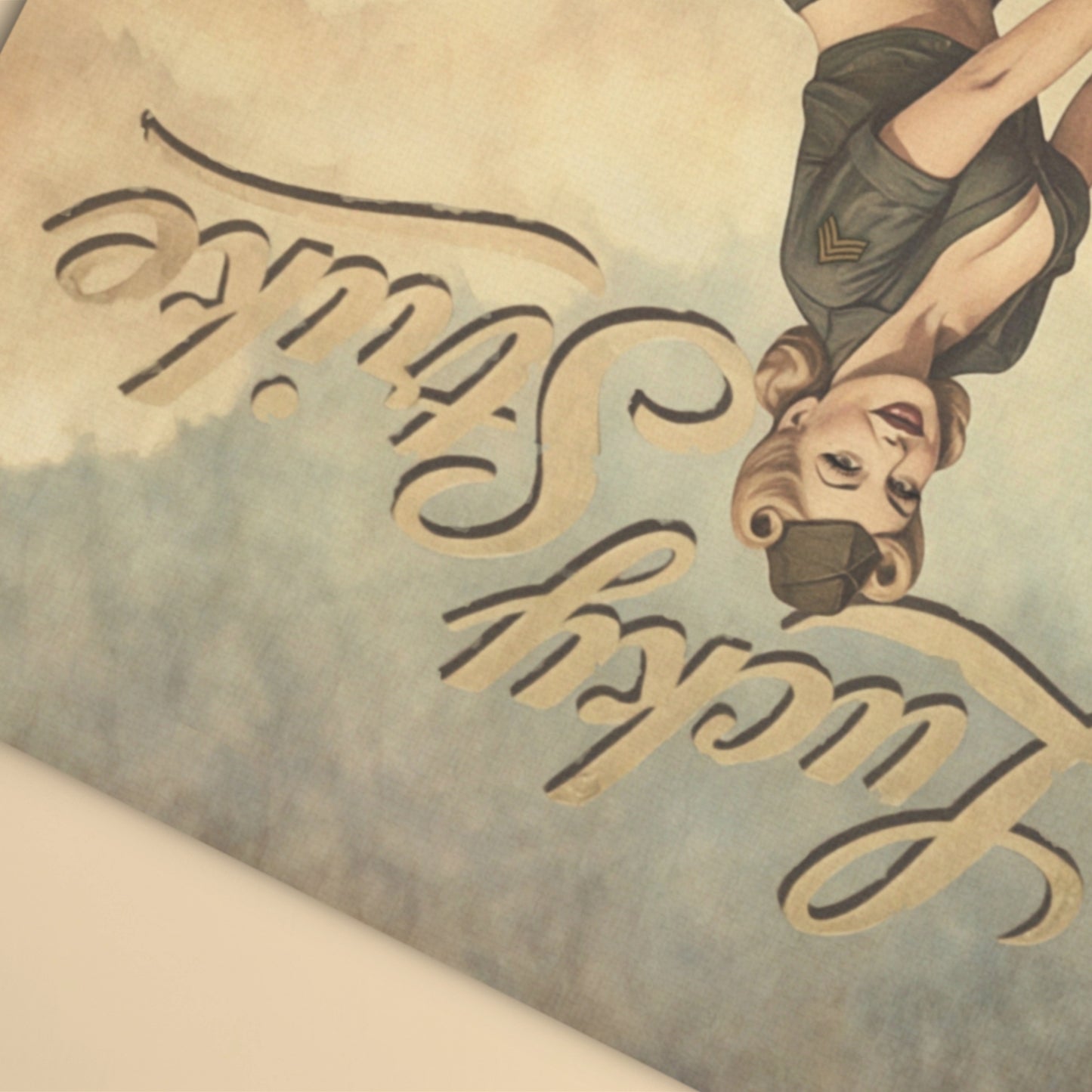 Vintage-style advertisement with a woman flipping and stylized text on a textured background
