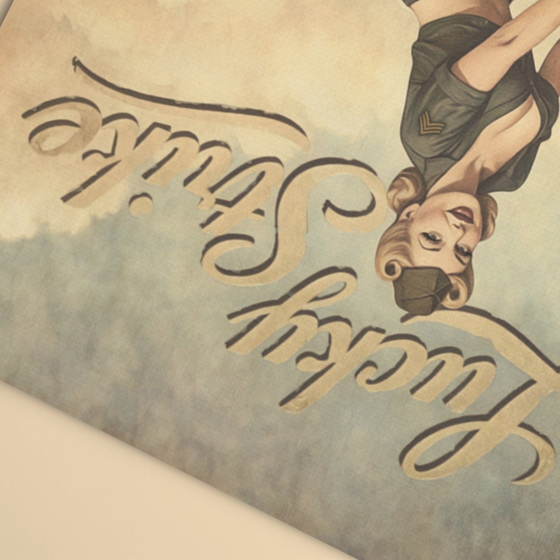 Vintage-style advertisement with a woman flipping and stylized text on a textured background
