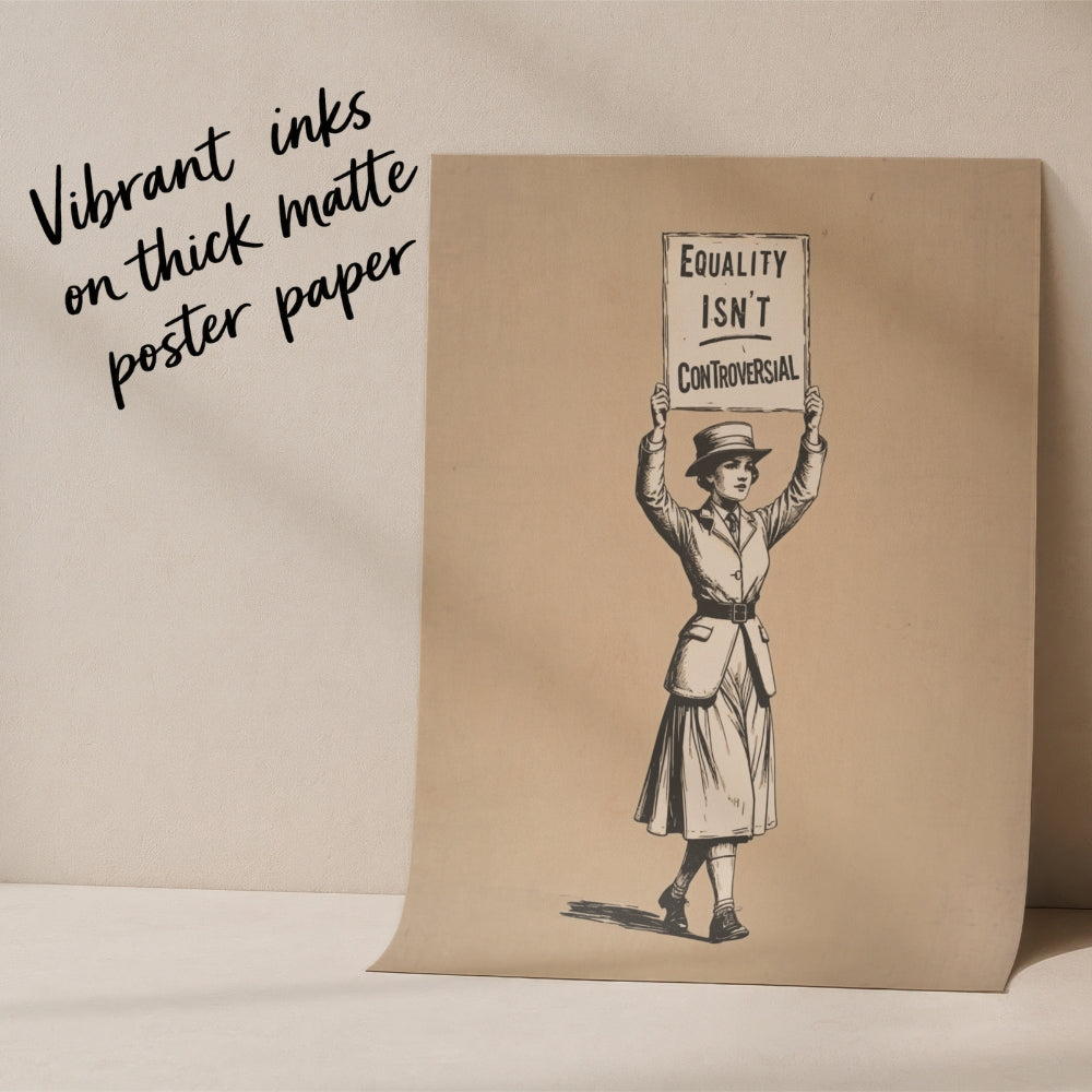 Poster with a woman holding a sign that says 'Equality Isn't Controversial' on thick matte poster paper.
