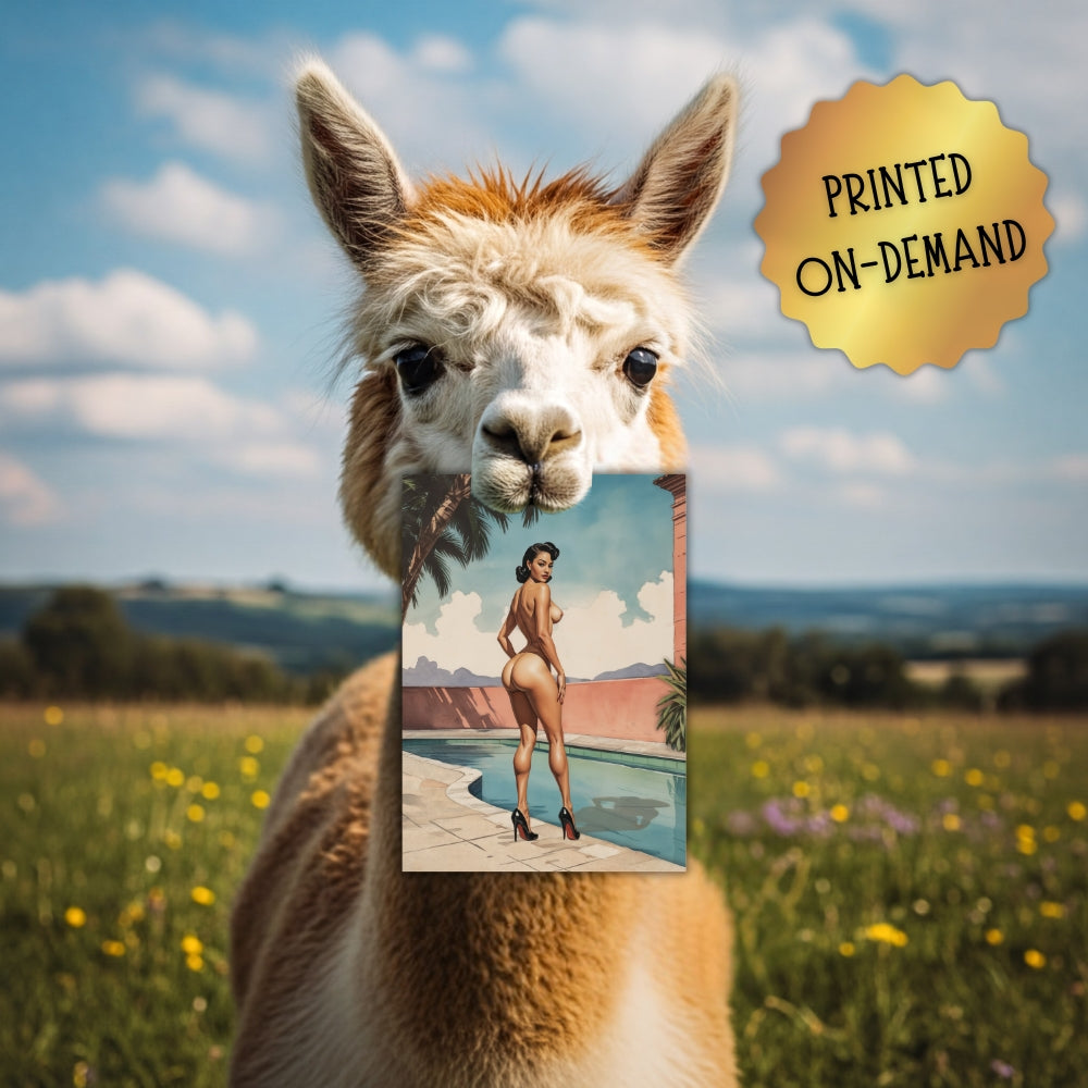vintage pinup painting that is printed on demand, held by a llama