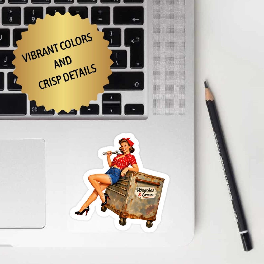 Sticker of a woman on a toolbox with a laptop and pencil in the background
