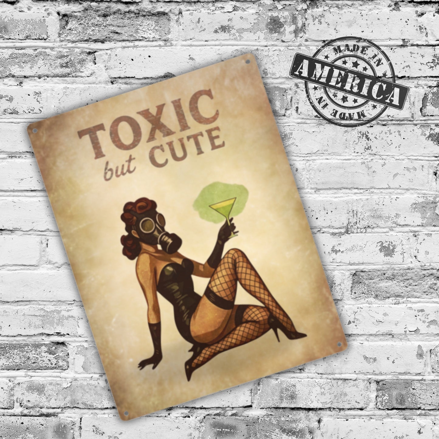 Vintage-style poster with a woman in a gas mask and fishnet stockings, labeled 'Toxic but Cute', on a brick wall background.
