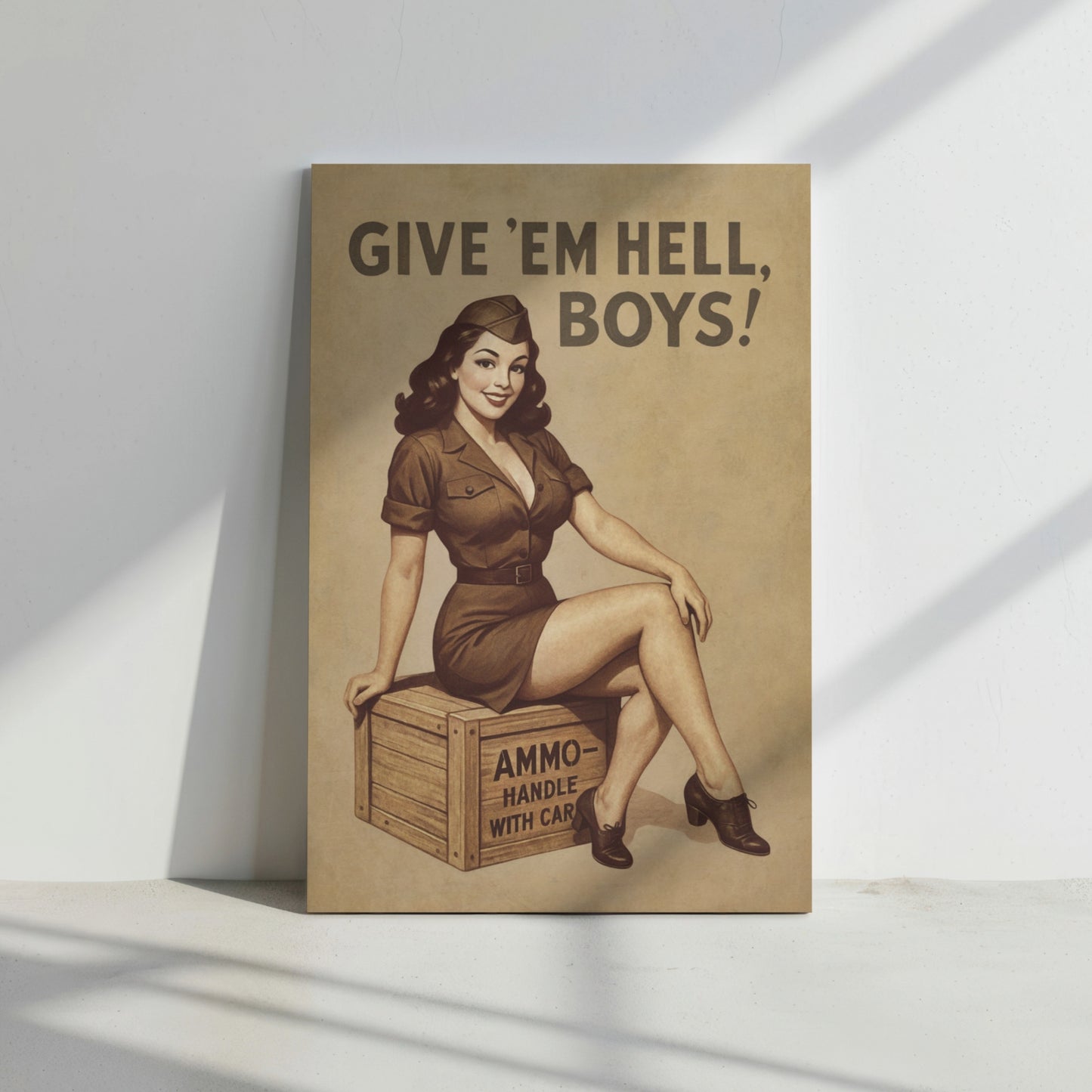 Canvas print with a vintage-style illustration of a woman sitting on an ammo crate and text 'Give 'em hell, boys!' on a beige background.