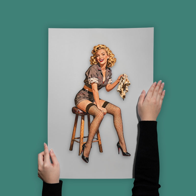 Illustration of a woman sitting on a stool with hands reaching towards it against a teal background
