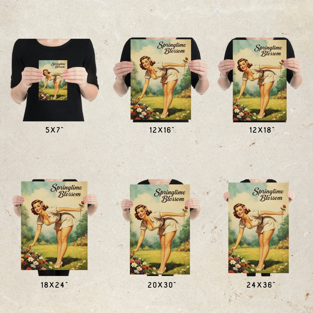 Person holding posters of a vintage-style illustration with text 'Springtime Blossom' in various sizes.