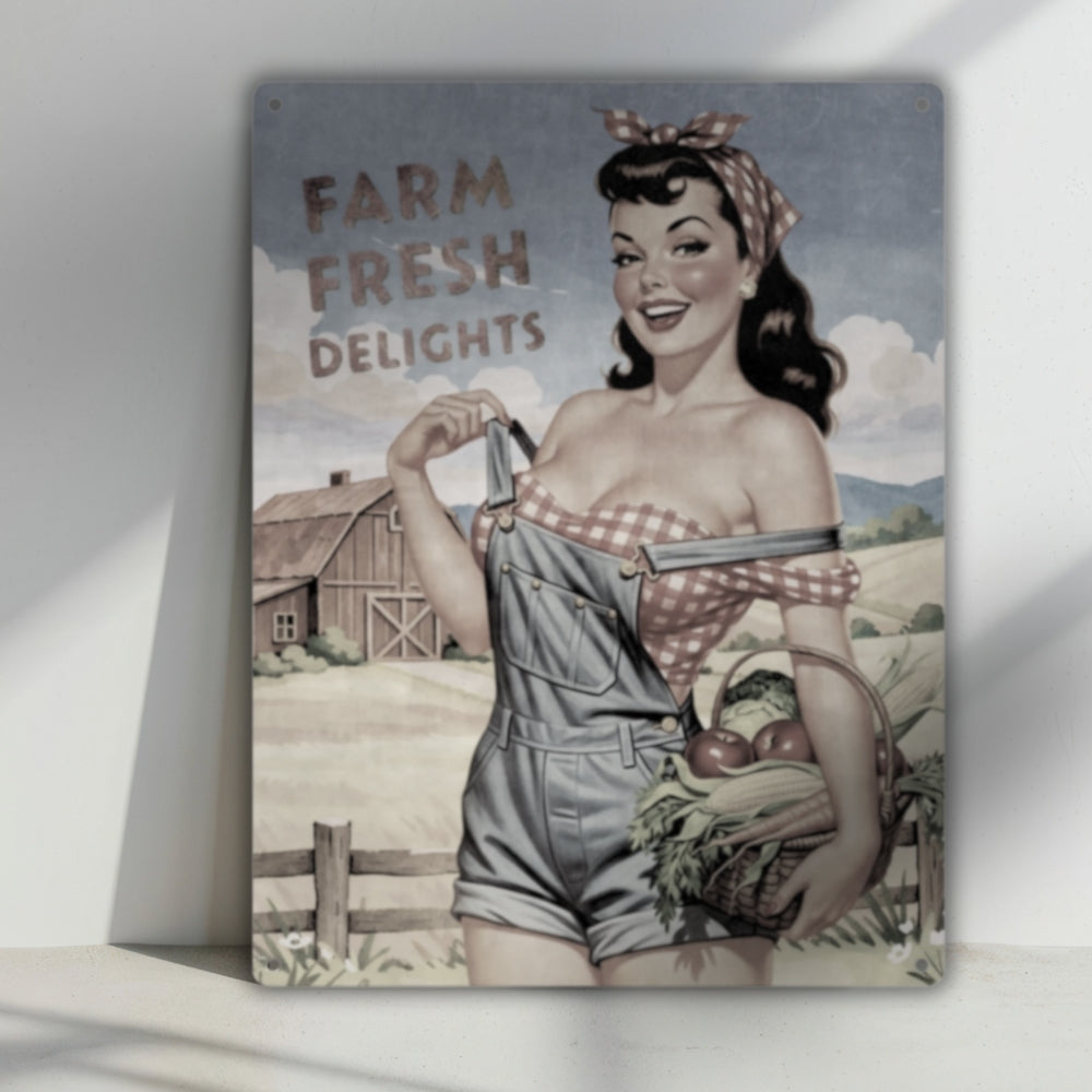 Farm Fresh Delights country pinup farm girl metal print leaning against a white wall