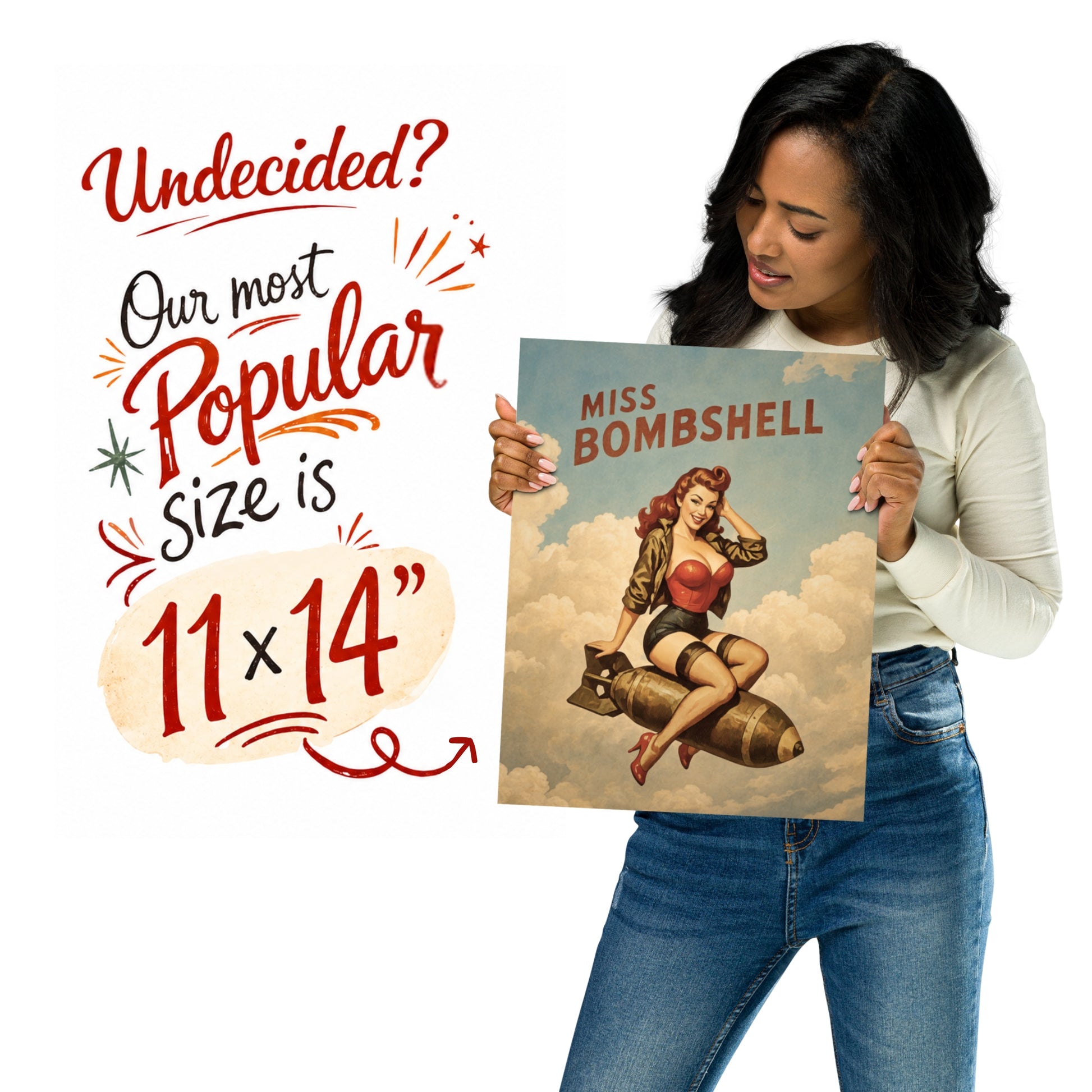 Woman holding a 'Miss Bombshell' poster with promotional text on a white background