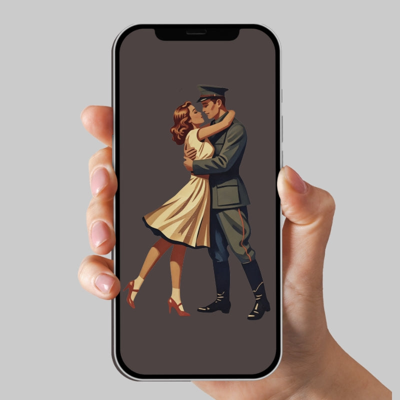 Phone displaying an illustration of a couple embracing, held by a hand against a gray background