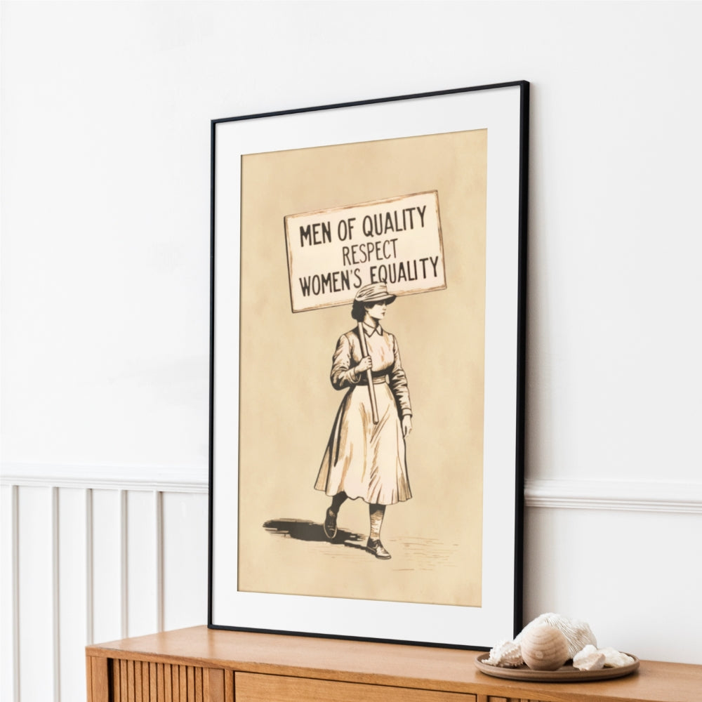 Framed artwork of a woman holding a sign that states: Men of Quality Respect Women's Equality on a wall.