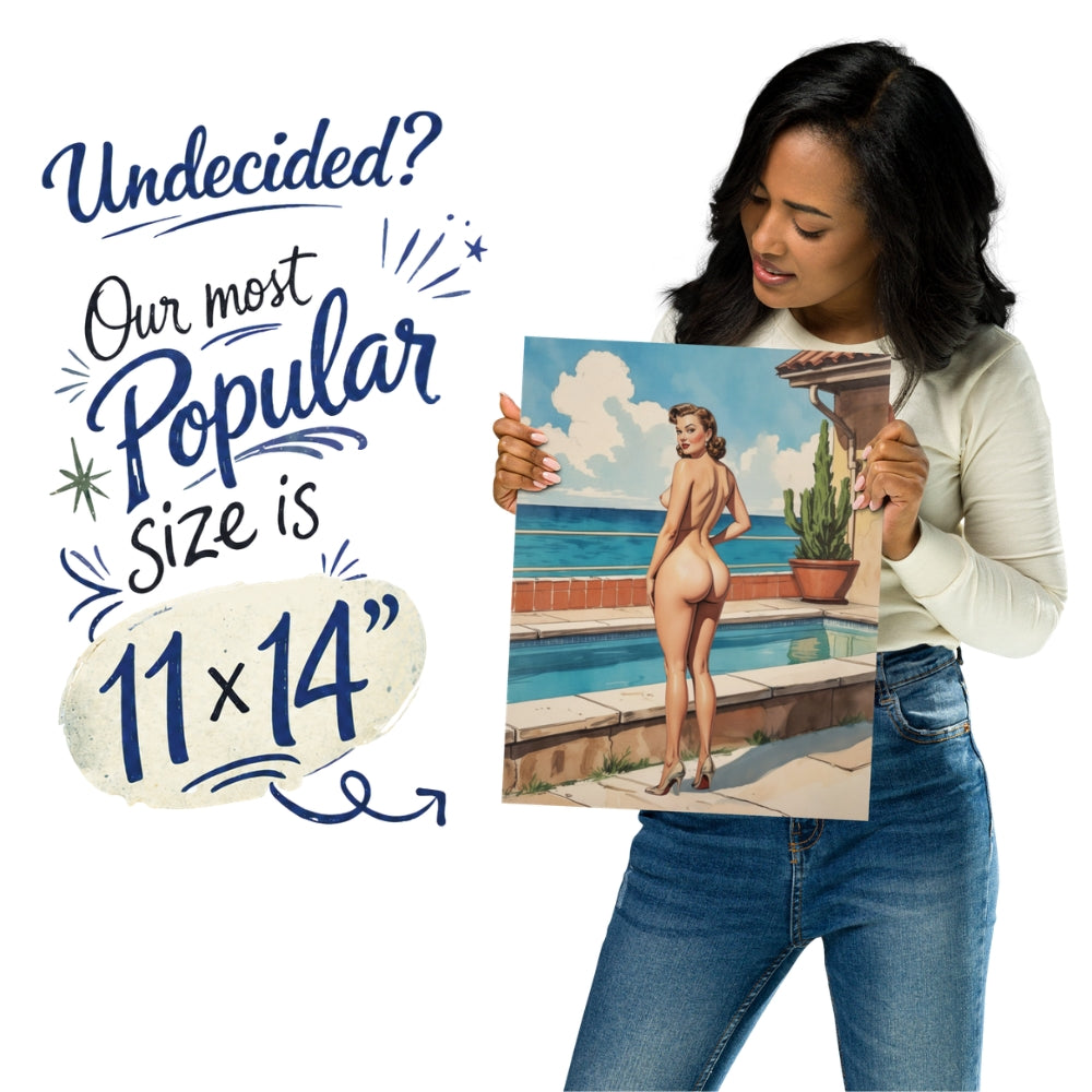Woman holding a painting of a nude figure by a pool with promotional text about print size.