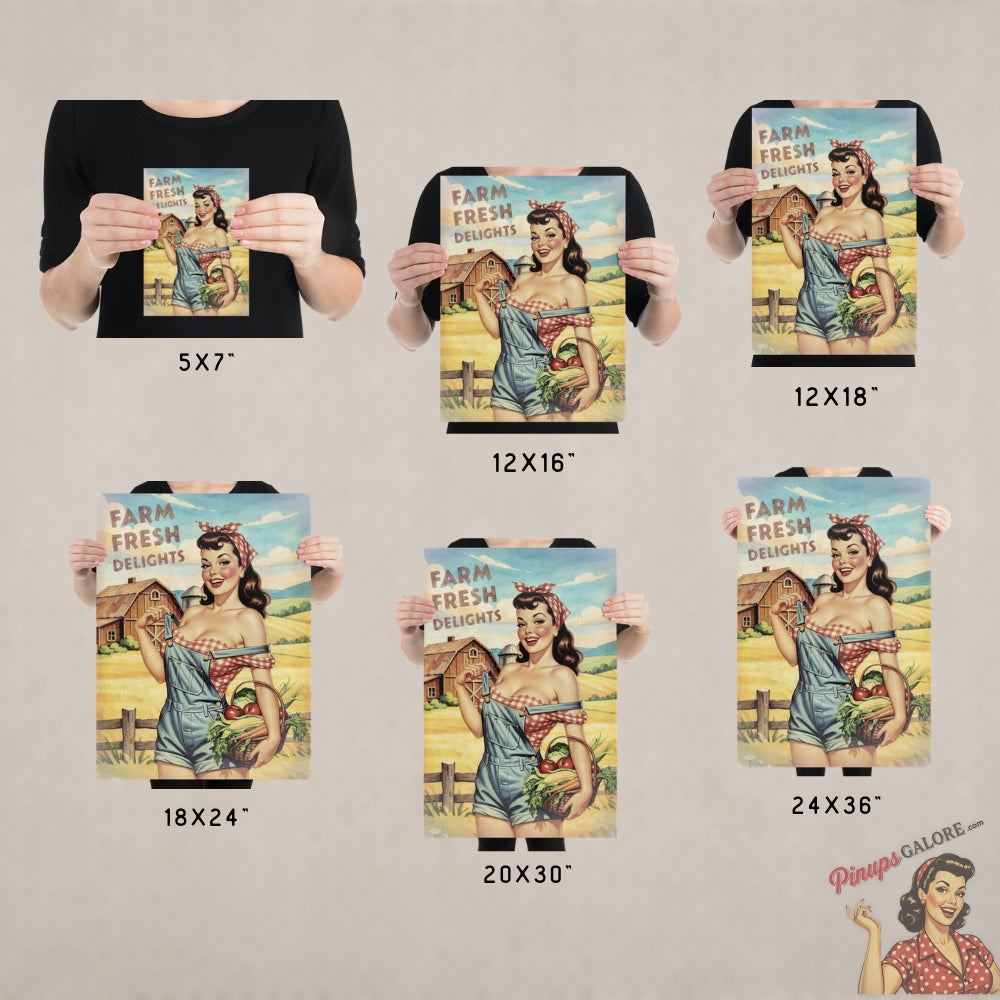 Vintage-style posters of a woman holding a basket with text 'Farm Fresh Delights' displayed in various sizes.