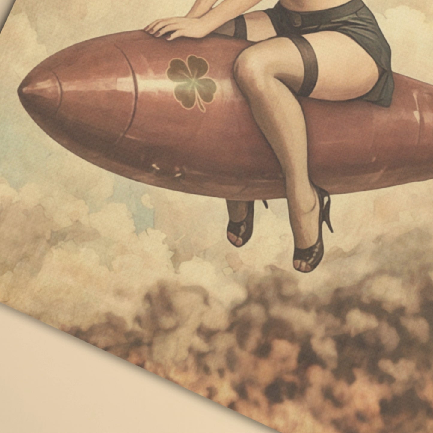 Vintage-style illustration of a woman sitting on a rocket with a clover design, flying above clouds.