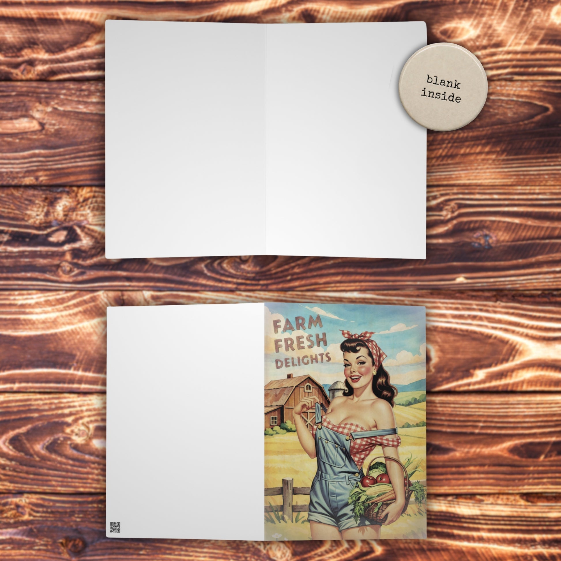 Vintage-style card with a farm girl pinup design on a wooden surface