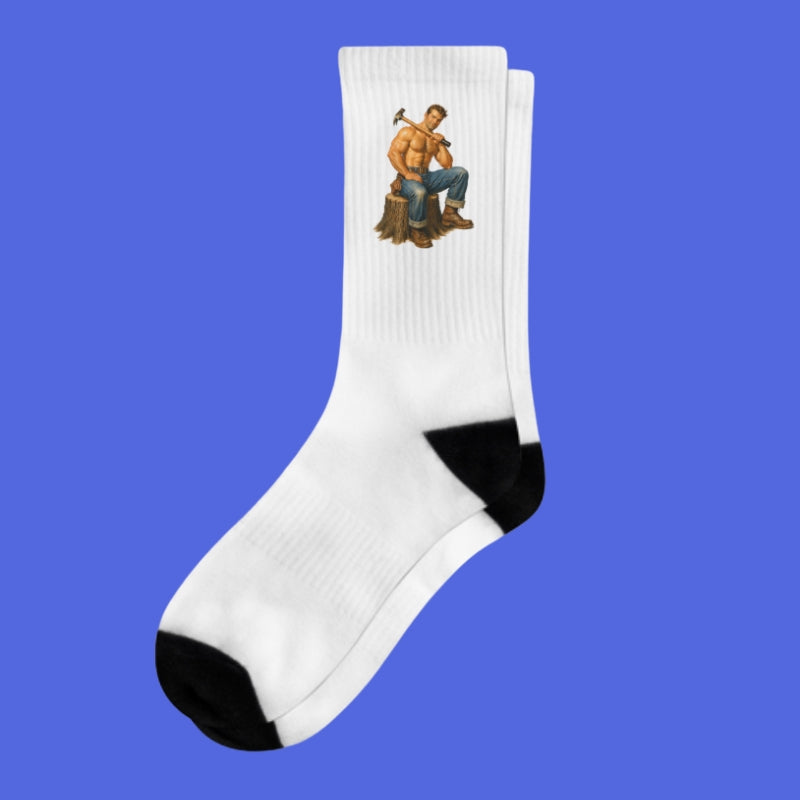 White sock with a graphic of a man on a log against a blue background