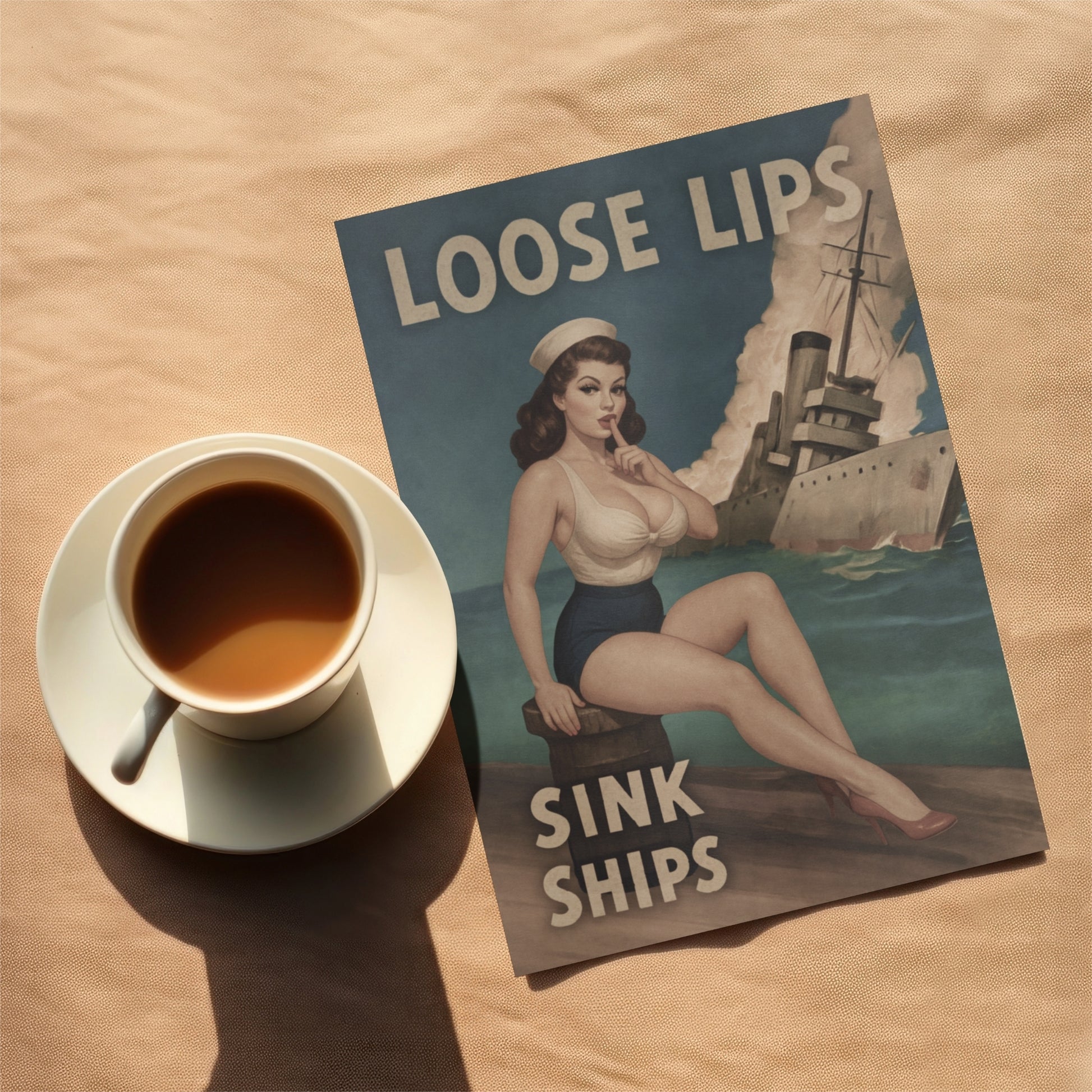 Vintage-style poster greeting card with a woman and ship, accompanied by a cup of coffee on a wooden surface.