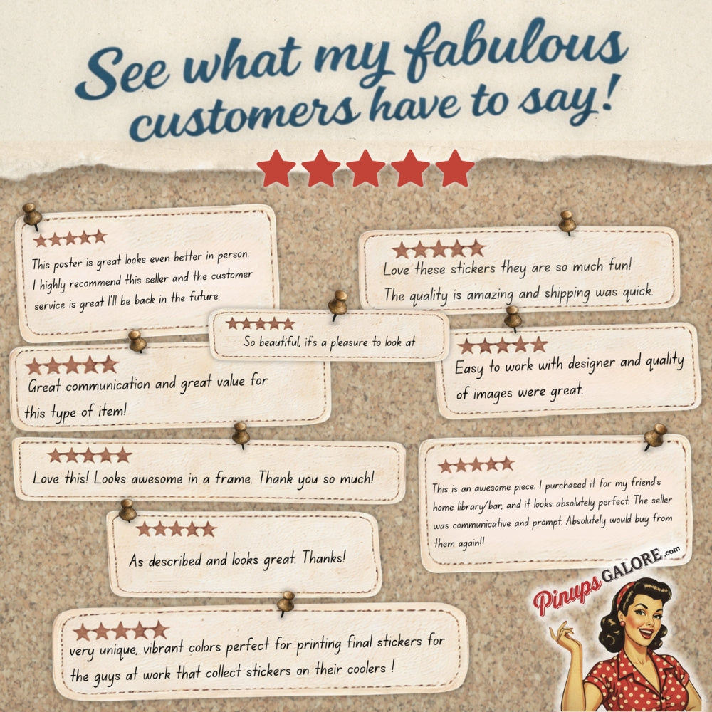 Customer reviews displayed on a cork board with a vintage-style illustration of a woman holding stickers.