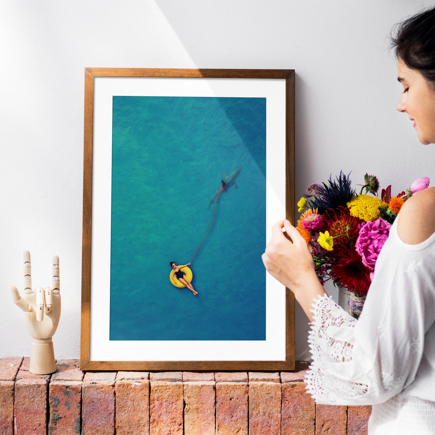 Swimmer Walking a Shark Art Print