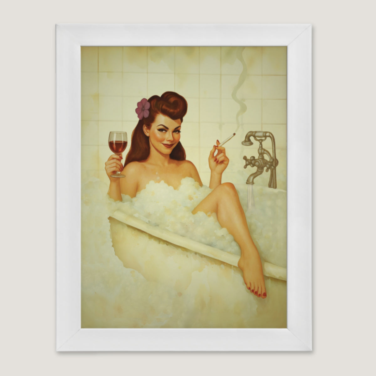 Vintage Bathroom Pin-Up Poster | Retro Bubble Bath Wall Art Print | 1940s Glamour Bathroom Decor