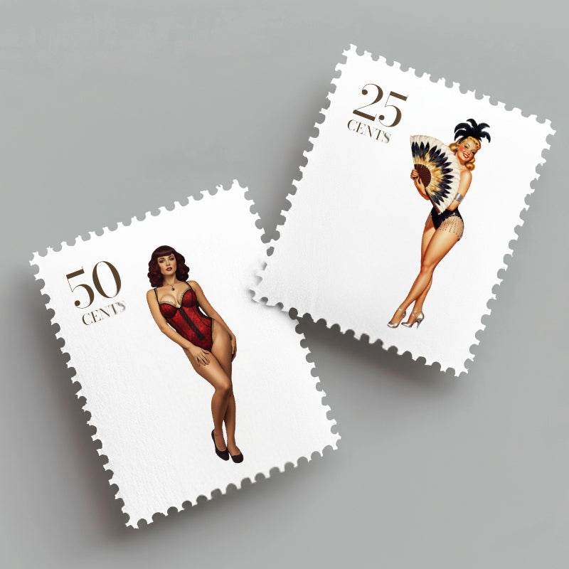 Two vintage-style postage stamps featuring pin-up girls on a gray background