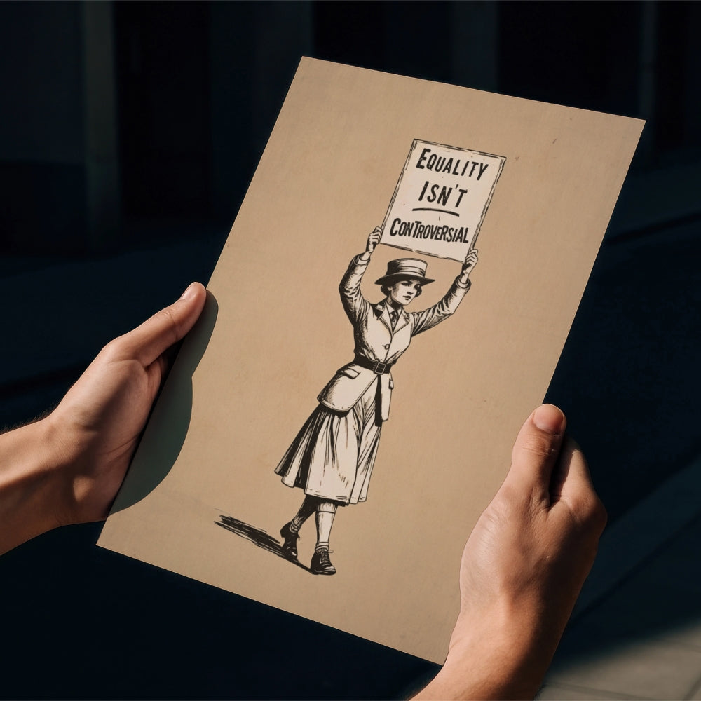 Person holding a poster with a drawing of a woman holding a sign that says 'Equality Isn't Controversial' on a dark background.
