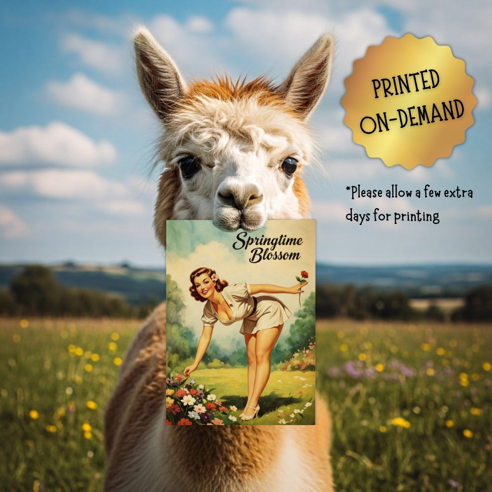 Llama holding a vintage-style product packaging with a scenic background
