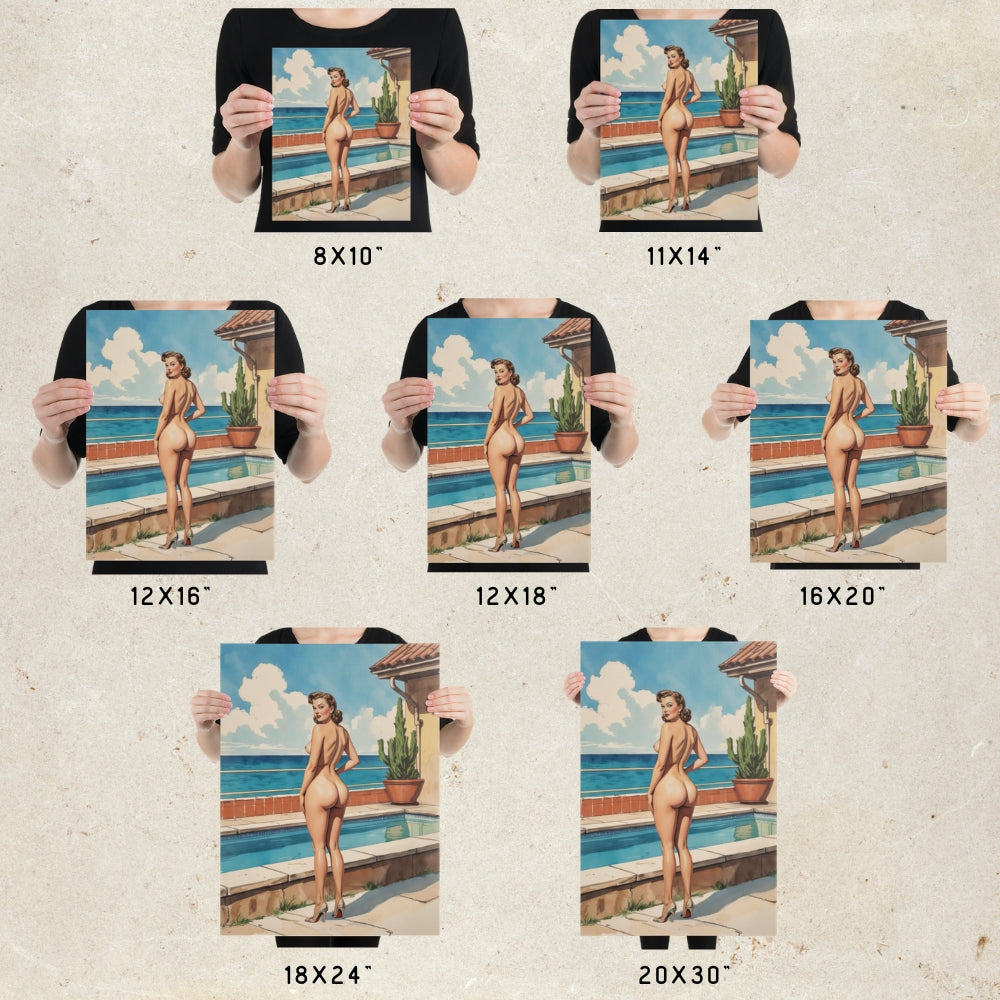 Person holding prints of a woman by a pool at different sizes.