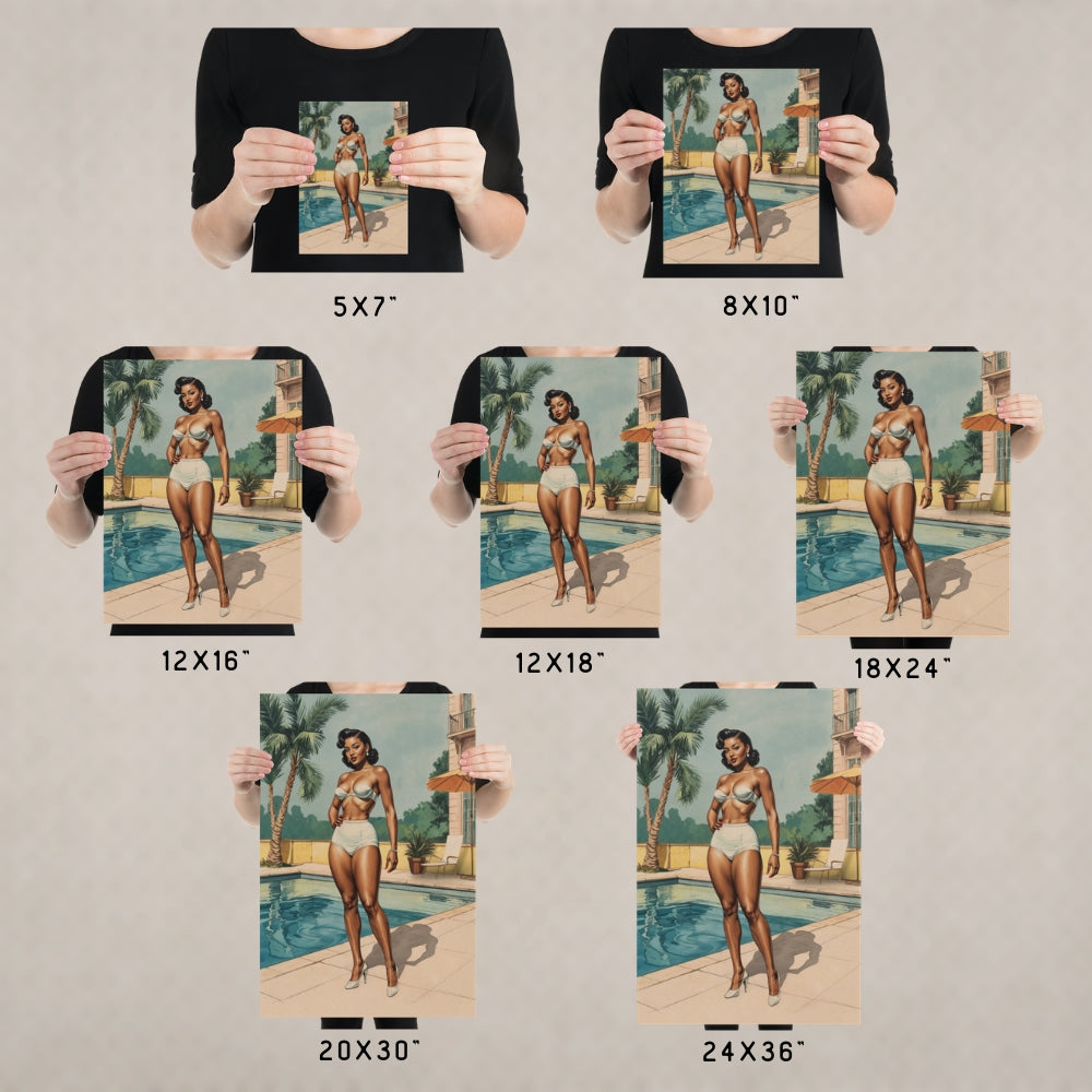 Person holding prints of a vintage black woman by a pool at various sizes.