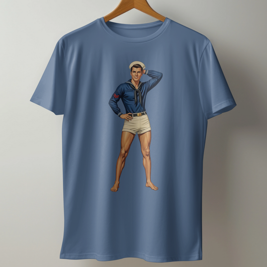Blue t-shirt with a graphic of a man in a blue shirt and shorts on a hanger.