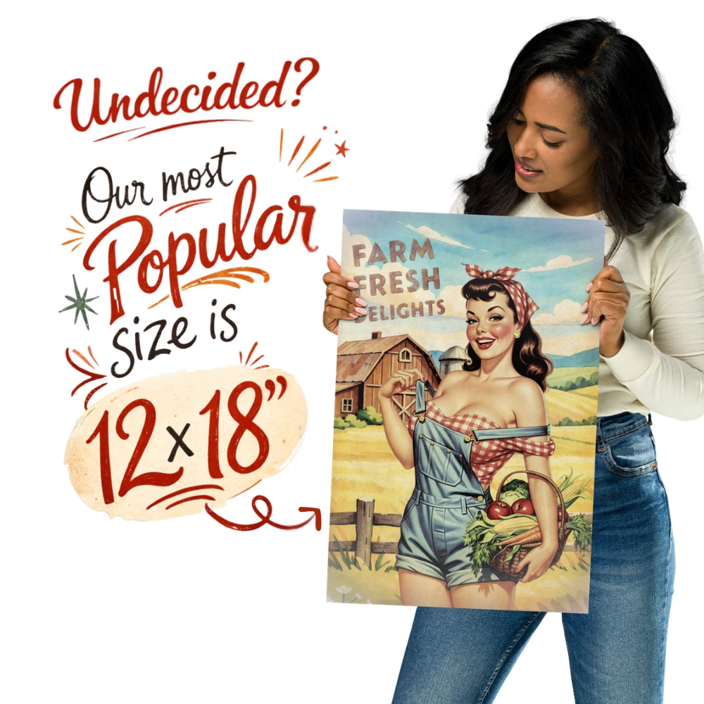Woman holding a vintage-style poster with text about print sizes.