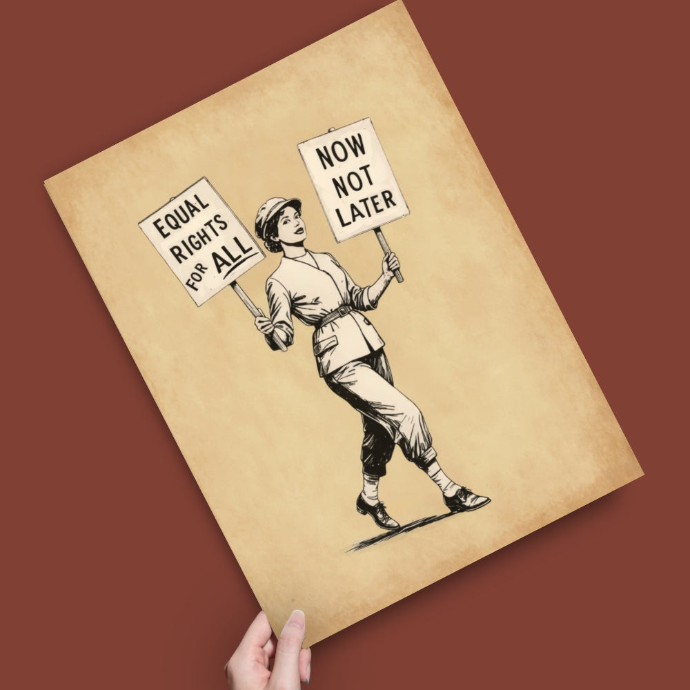 Illustration of a woman holding signs for equal rights and action on a brown background
