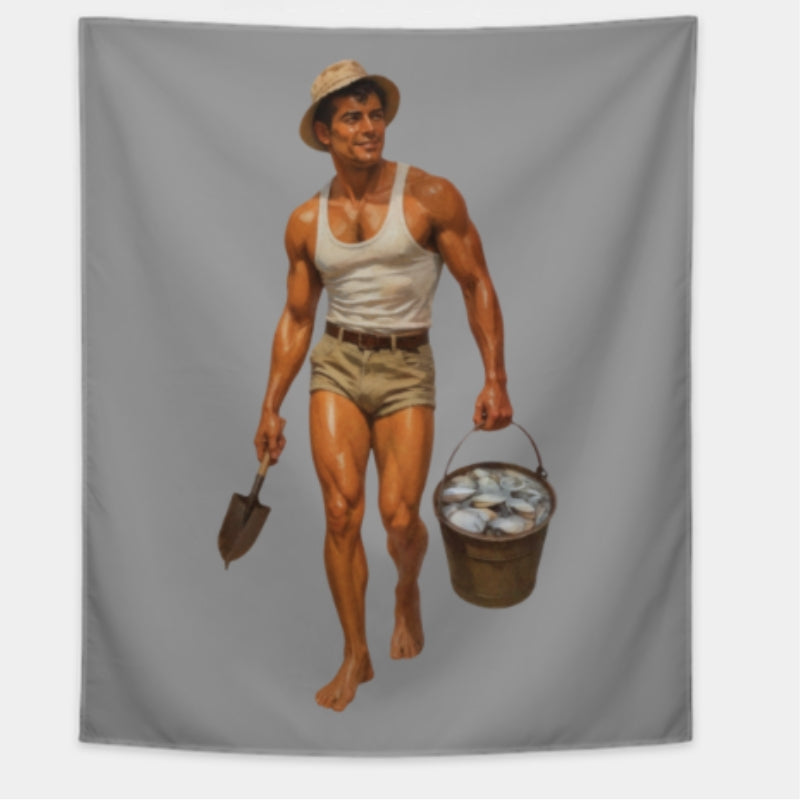 Tapestry of a man holding a bucket of oysters and a shovel on a gray background