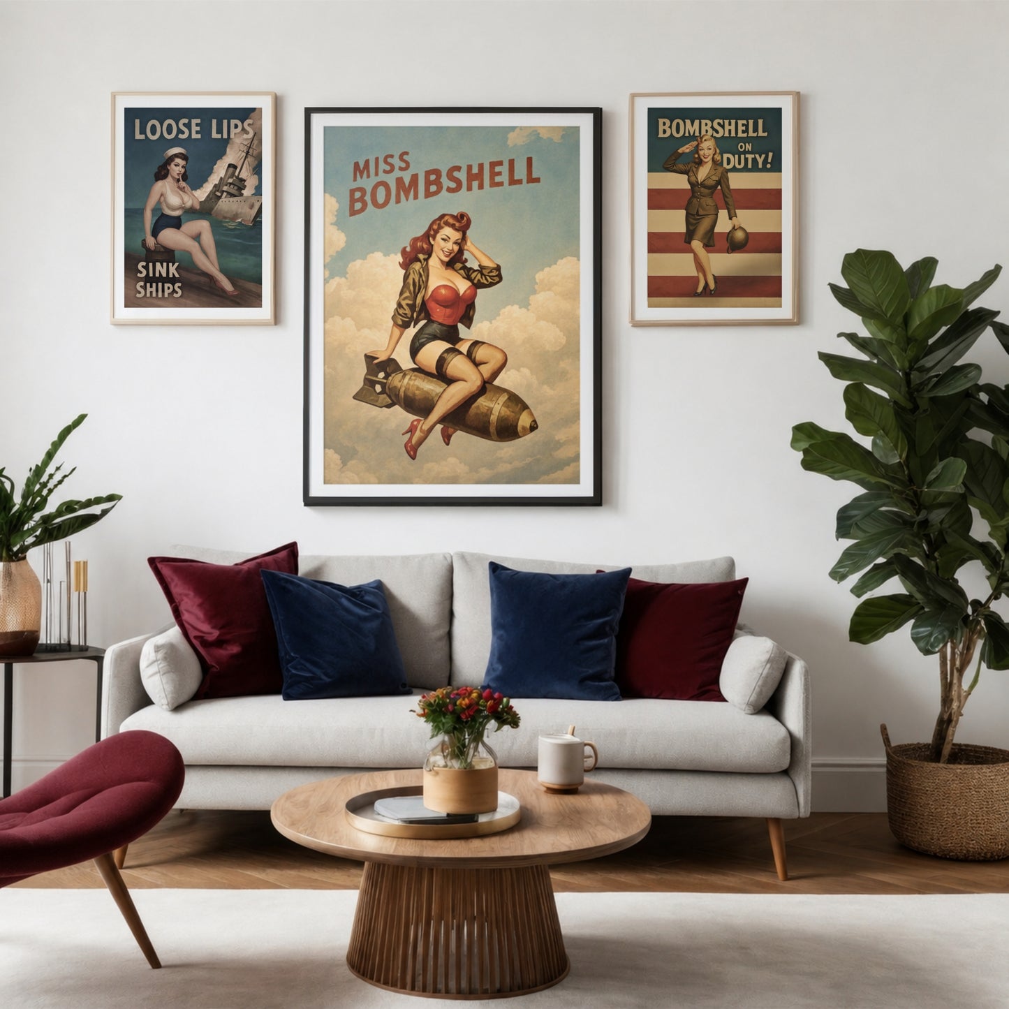 Living room with a white sofa, decorative pillows, and framed posters on the wall.