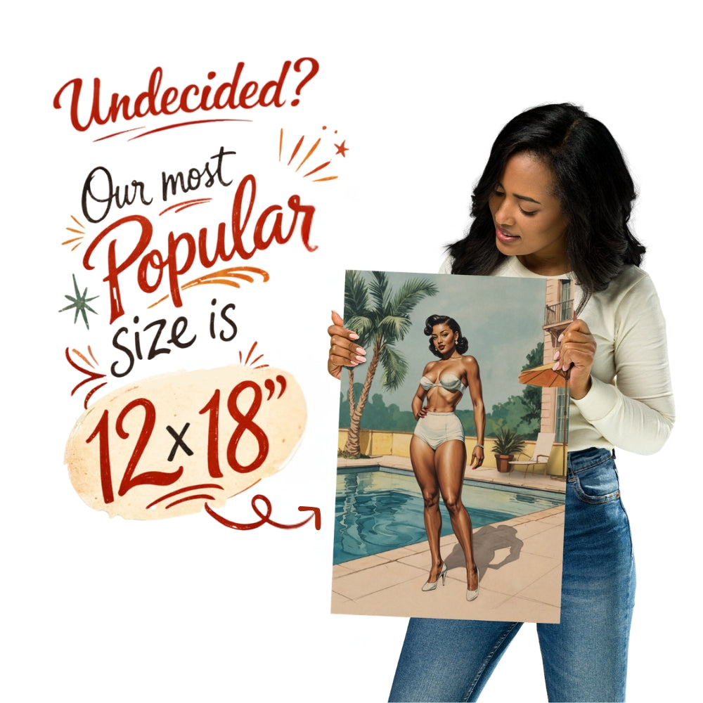 Woman holding a poster with a vintage-style illustration of a vintage black woman by a pool, with promotional text about print size.