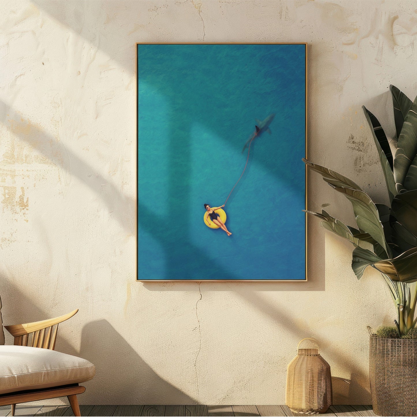 Swimmer Walking a Shark Art Print