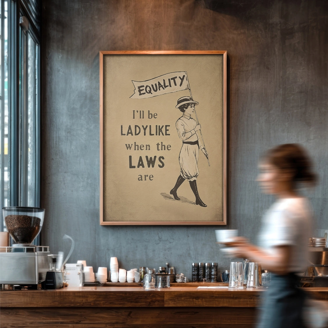 Framed poster with text and illustration of a woman holding a banner in a coffee shop.