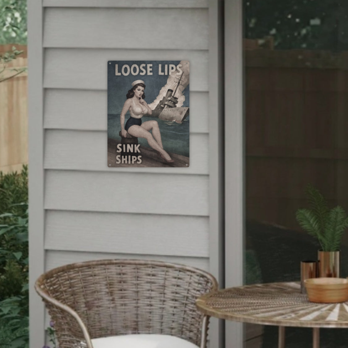 Vintage-style 'Loose Lips Sink Ships' sign on a wooden wall with outdoor furniture.