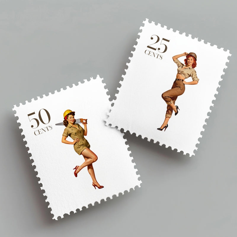 Two vintage-style postage stamps featuring women in military uniforms on a gray background.