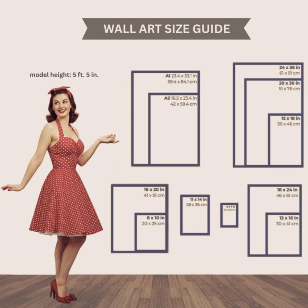 Wall art size guide with a model in a red dress standing next to various wall art dimensions.