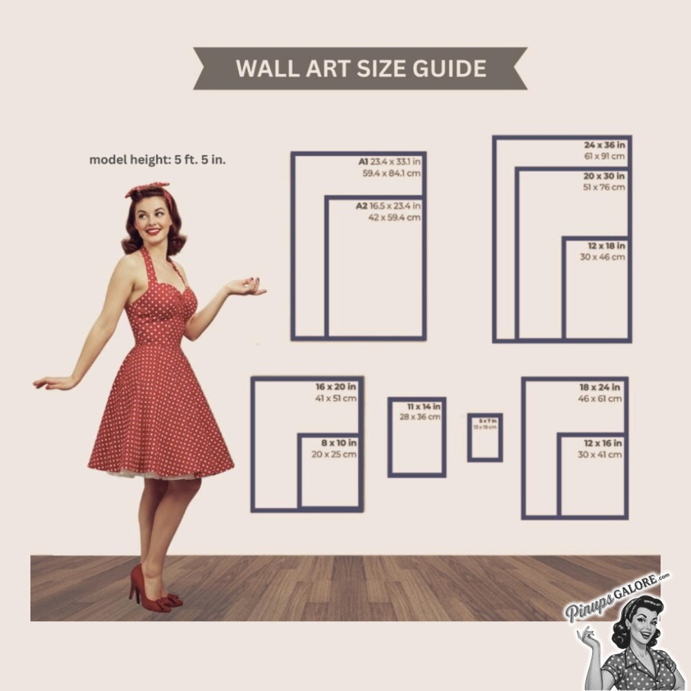 Wall art size guide with a model in a red dress pointing to different wall art dimensions.