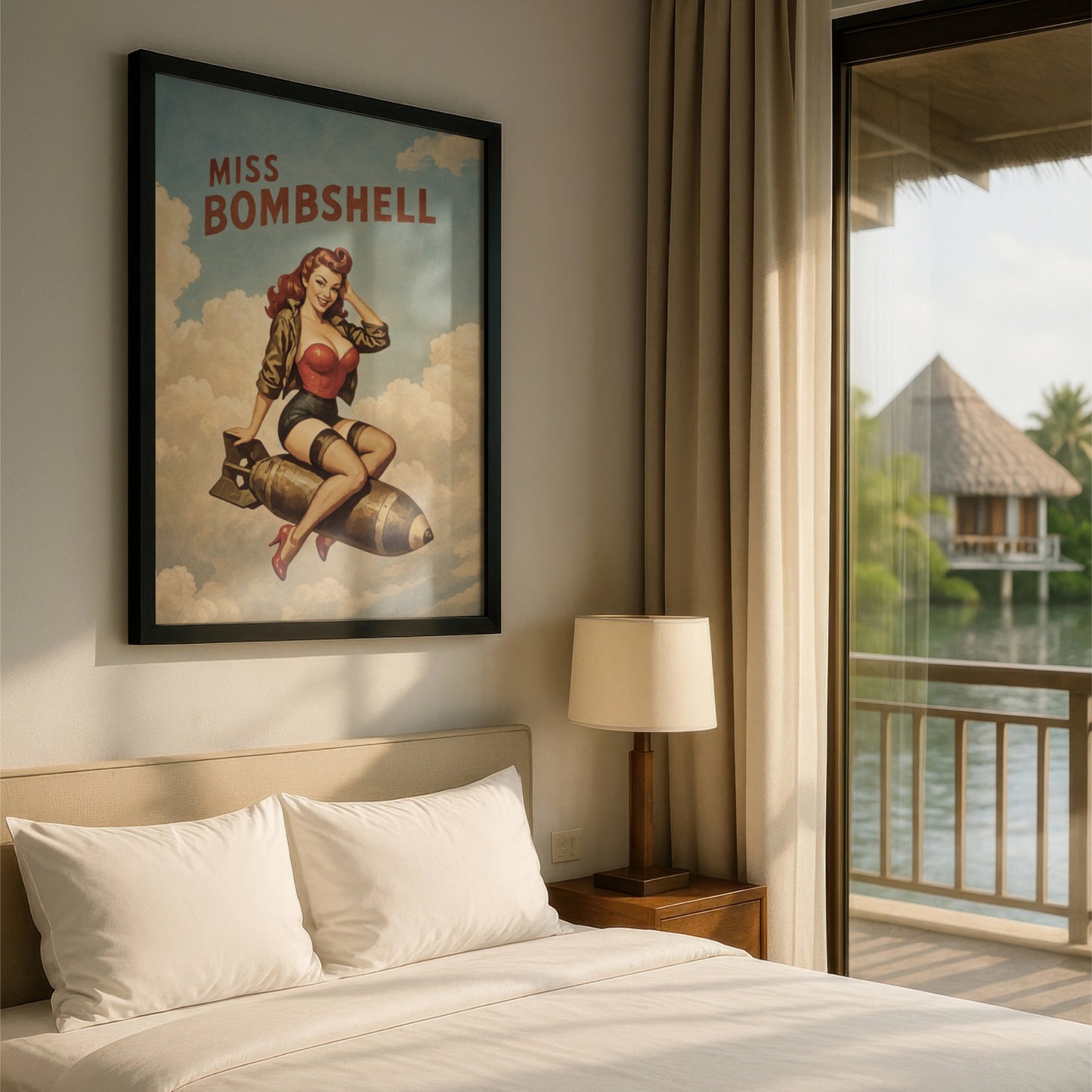 Bedroom with 'Miss Bombshell' poster on wall and view of water and hut