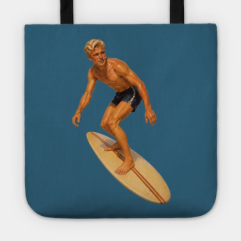 Tote bag with a surfer design on a blue background