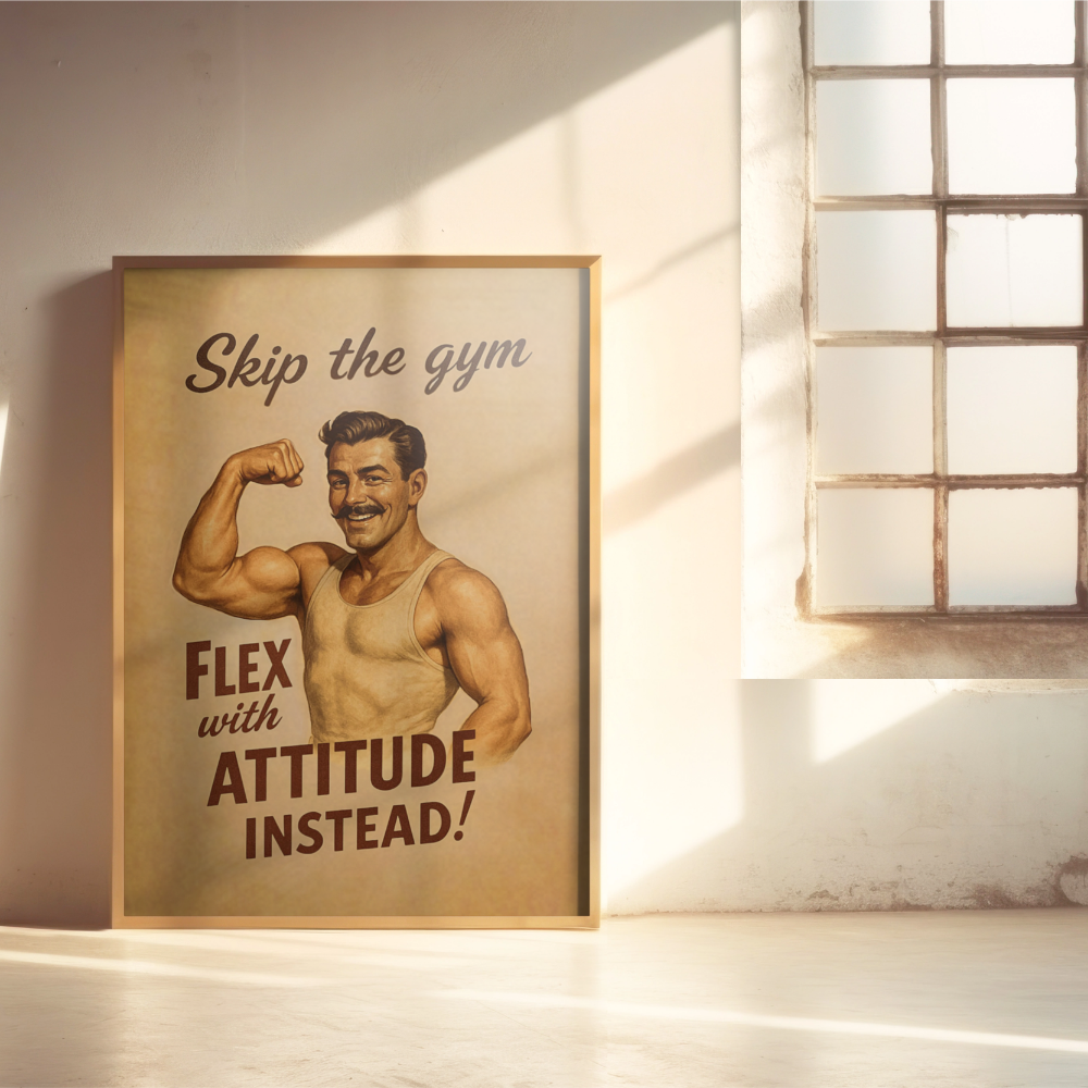 Framed poster with a vintage-style man flexing his arm and text on a wall.