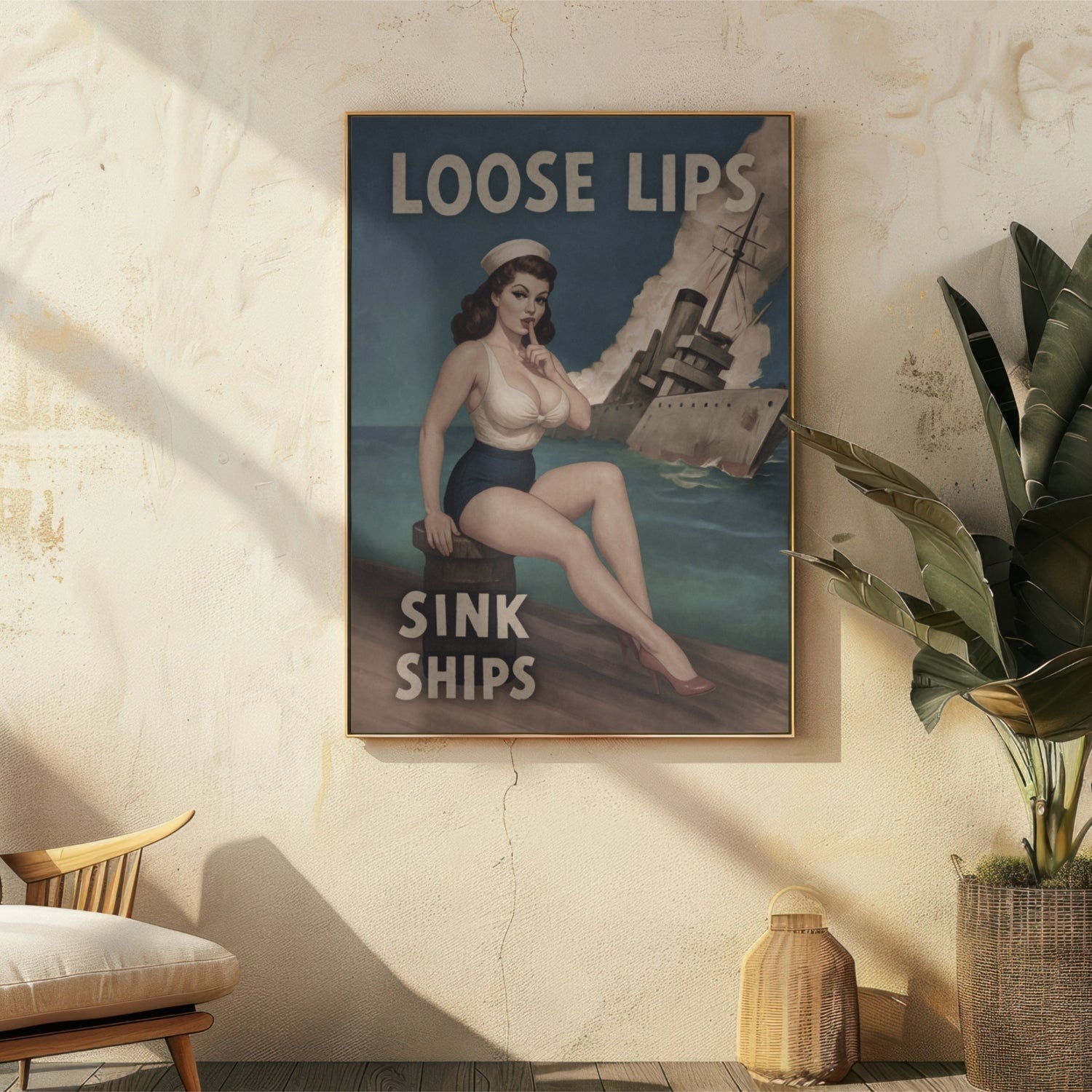 Loose lips sink ships vintage pinup poster framed on a boho wall