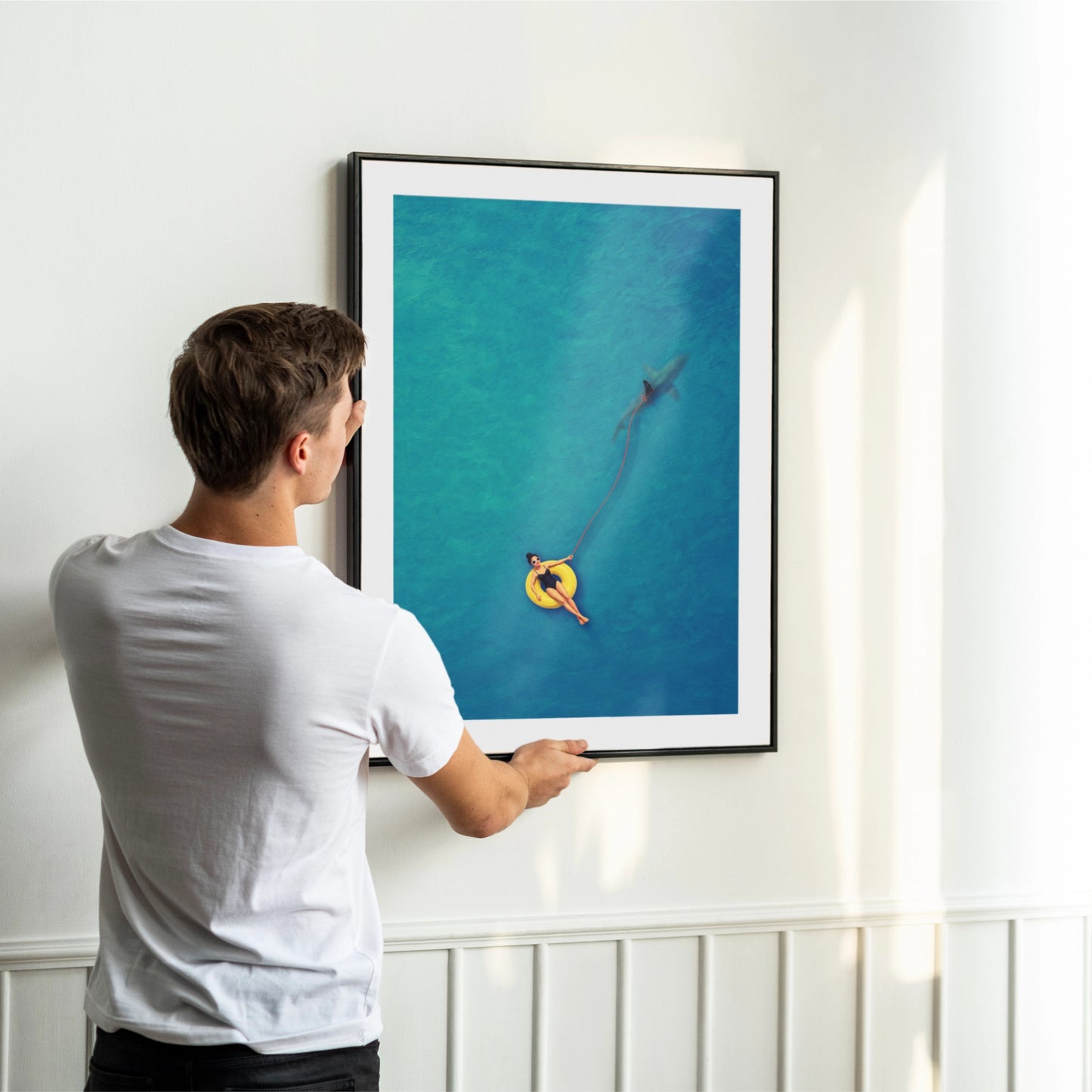 Swimmer Walking a Shark Art Print