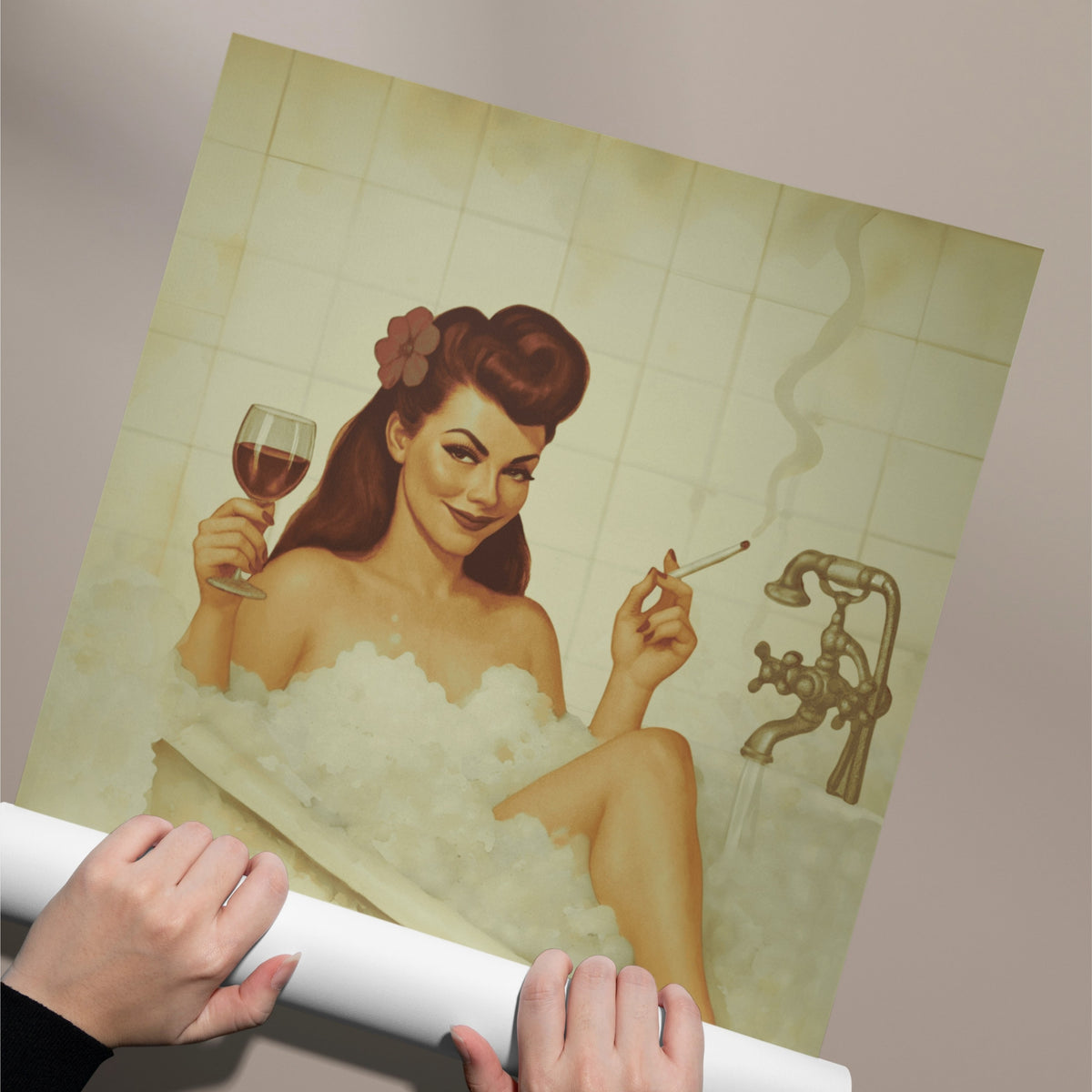 Vintage Bathroom Pin-Up Poster | Retro Bubble Bath Wall Art Print | 1940s Glamour Bathroom Decor